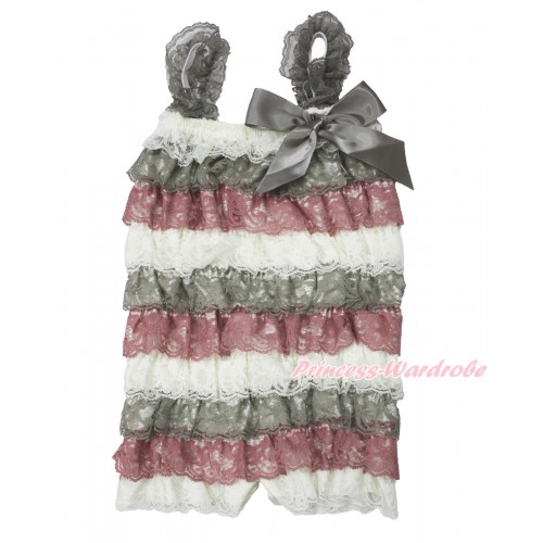 Cream White Grey Raspberry Wine Red Lace Ruffles Petti Rompers with Straps with Grey Bow LR186