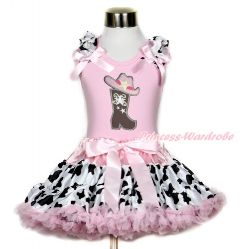 Light Pink Tank Top with Milk Cow Ruffles & Light Pink Bow with Cowgirl Hat Boot Print & Light Pink Milk Cow Pettiskirt M589