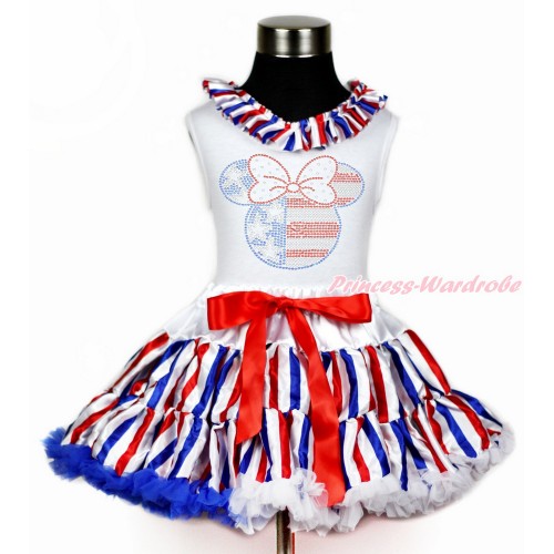 White Tank Top With Red White Royal Blue Striped Satin Lacing & Sparkle Crystal Bling Rhinestone 4th July Minnie Print With Red White Royal Blue Striped Pettiskirt MG1193