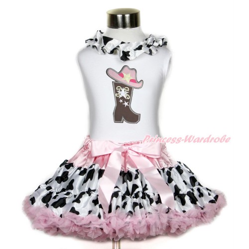 White Tank Top With Milk Cow Satin Lacing & Cowgirl Hat Boot Print With Light Pink Milk Cow Pettiskirt MG1197