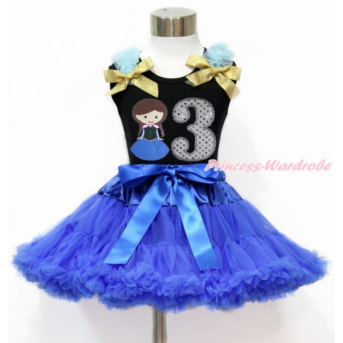 Black Tank Top with Light Blue Ruffles & Sparkle Goldenrod Bow with Princess Anna & 3rd Sparkle White Birthday Number Print & Royal Blue Pettiskirt MG1200