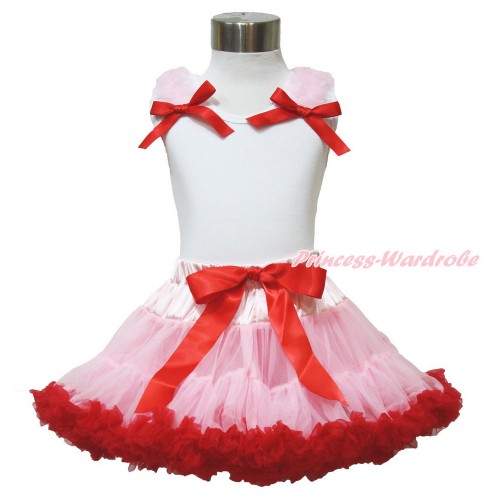 White Tank Top With Light Pink Ruffles & Red Bows With Light Pink Red Pettiskirt MG1232