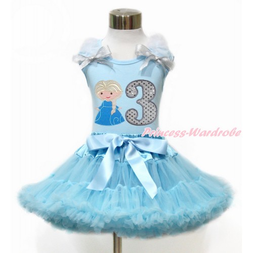 Light Blue Tank Top with White Ruffles & Sparkle Silver Grey Bow with Princess Elsa & 3rd Sparkle White Birthday Number Print & Light Blue Pettiskirt MH214