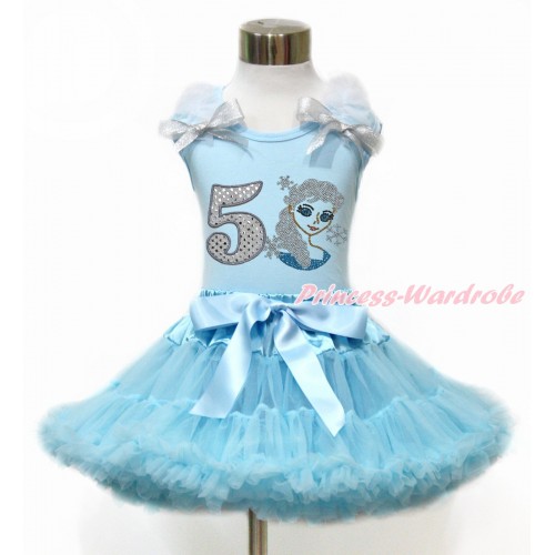 Light Blue Tank Top with White Ruffles & Sparkle Silver Grey Bow with 5th Sparkle White Birthday Number & Sparkle Crystal Bling Rhinestone Princess Elsa Print & Light Blue Pettiskirt MH218