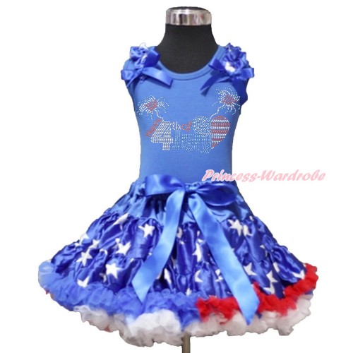 4th July Royal Blue Tank Top with Patriotic American Star Ruffles & Royal Blue Bow with Sparkle Crystal Bling Rhinestone 4th July Patriotic American Heart Print & Patriotic American Star Pettiskirt MN87