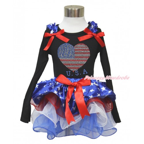 American's Birthday Black Long Sleeve Top with Patriotic American Star Ruffles & Red Bow & Sparkle Crystal Bling Rhinestone USA Heart Print with Matching Red Bow Patriotic American Star Red White Blue Petal Pettiskirt MW475