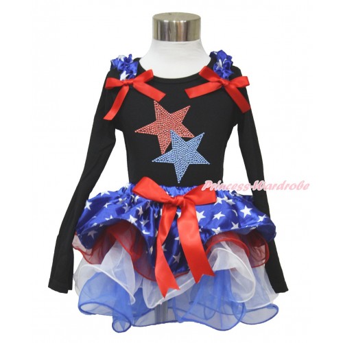 American's Birthday Black Long Sleeve Top with Patriotic American Star Ruffles & Red Bow & Sparkle Crystal Bling Rhineston Red Blue Twin Star Print with Matching Red Bow Patriotic American Star Red White Blue Petal Pettiskirt MW479