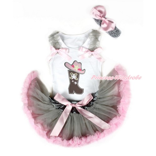 White Baby Pettitop with Grey Ruffles & Light Pink Bows with Cowgirl Hat Boot Print & Grey Light Pink Newborn Pettiskirt With Grey Headband Light Pink Silk Bow NG1469