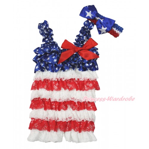 American's Birthday Patriotic American Star White Red Satin Petti Romper with Red Bow & Straps With Red White Royal Blue Headband Patriotic American Star Satin Bow 2pc Set RH145