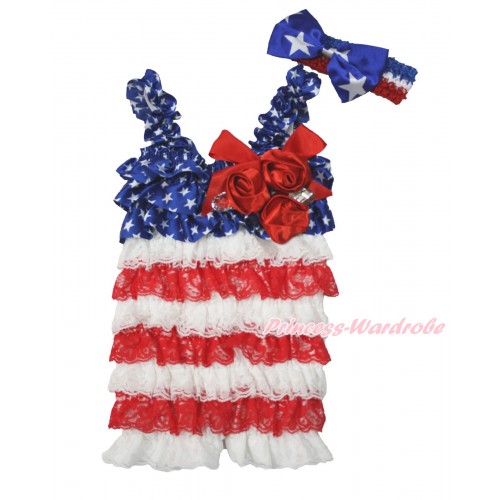 American's Birthday Patriotic American Star White Red Satin Petti Romper with Red Bow & Straps & Bunch of Red Satin Rosettes & Crystal With Red White Royal Blue Headband Patriotic American Star Satin Bow 2pc Set RH148
