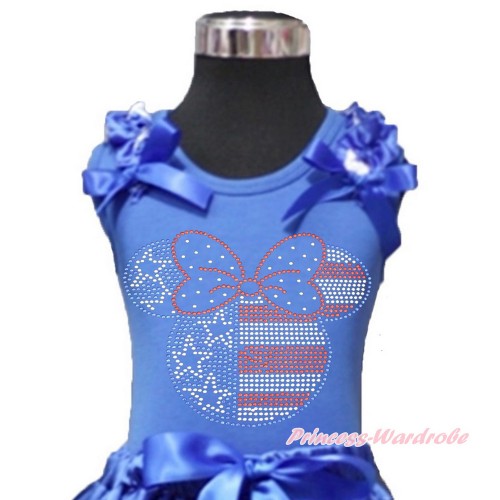4th July Royal Blue Tank Top With Patriotic American Star Ruffles & Royal Blue Bows With Sparkle Crystal Bling Rhinestone 4th July Minnie Print T443
