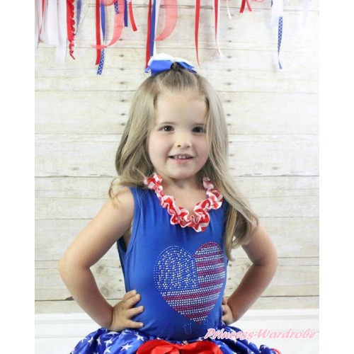 American's Birthday Royal Blue Tank Tops with Red White Chevron Satin Lacing with Sparkle Crystal Bling Rhinestone USA Heart Print T446