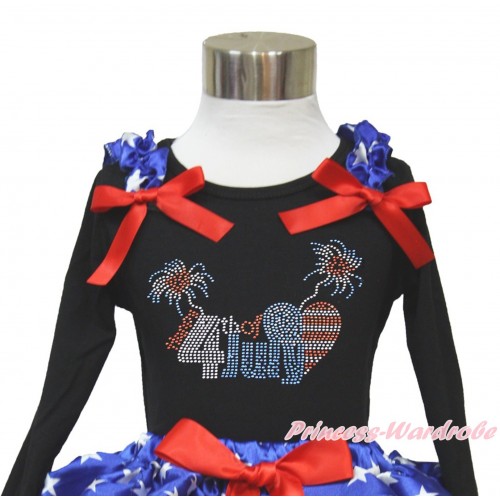 American's Birthday Black Long Sleeves Top With Patriotic American Star Ruffles & Red Bow with Sparkle Crystal Bling Rhinestone 4th July Patriotic American Heart Print TO359