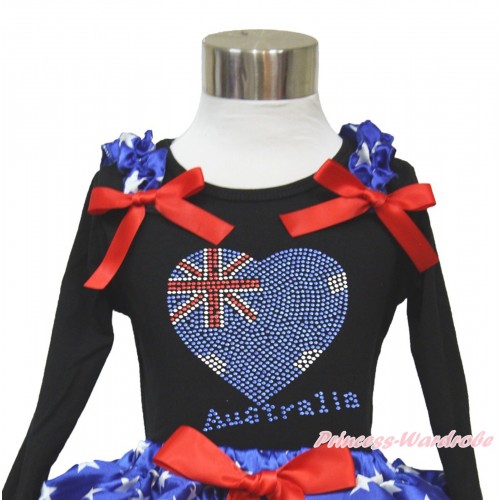 American's Birthday Black Long Sleeves Top With Patriotic American Star Ruffles & Red Bow with Sparkle Crystal Bling Rhinestone Australia Heart Print TO361