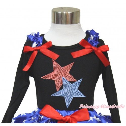 American's Birthday Black Long Sleeves Top With Patriotic American Star Ruffles & Red Bow with Sparkle Crystal Bling Rhinestone Red Blue Twin Star Print TO362