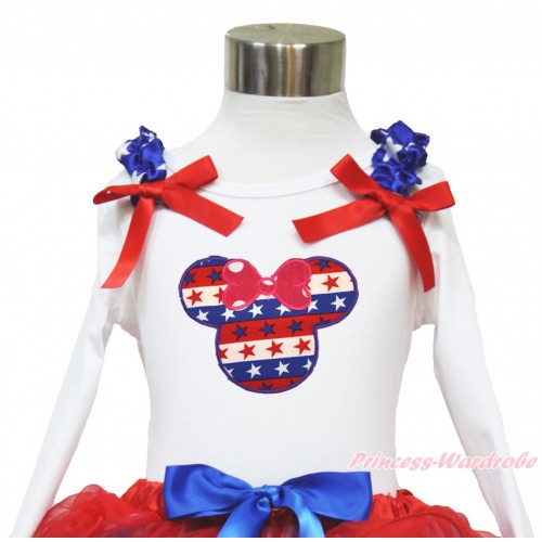 American's Birthday White Long Sleeves Top With Patriotic American Star Ruffles & Red Bow with Red White Blue Striped Star Minnie Print TW456