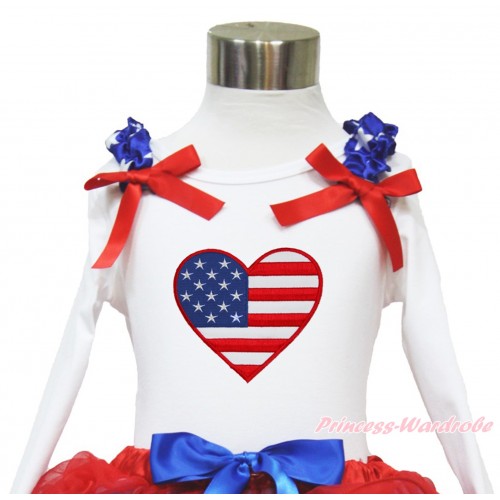 American's Birthday White Long Sleeves Top With Patriotic American Star Ruffles & Red Bow with Patriotic American Heart Print TW457