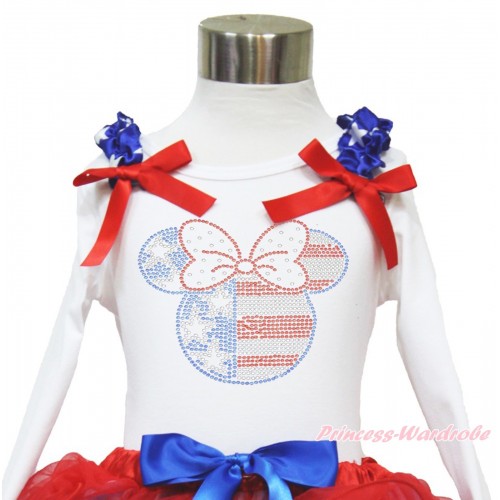 American's Birthday White Long Sleeves Top With Patriotic American Star Ruffles & Red Bow with Sparkle Crystal Bling Rhinestone 4th July Minnie Print TW460