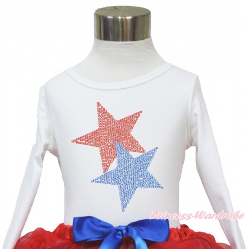 American's Birthday White Long Sleeves Top With Sparkle Crystal Bling Rhinestone Red Blue Twin Star Print TW462