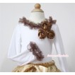 White Long Sleeves Top with Bunch Of Brown Satin Rosettes & Brown Lacing T702 
