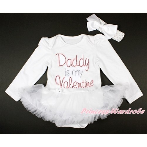 Valentine's Day White Long Sleeve Baby Bodysuit Jumpsuit White Pettiskirt With Sparkle Crystal Bling Rhinestone Daddy is my Valentine Print & White Headband White Silk Bow JS2876 