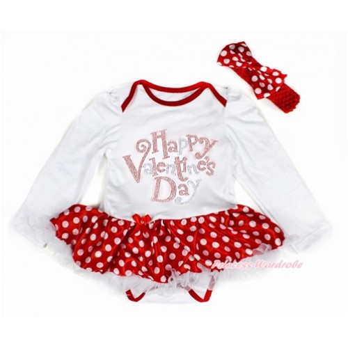 Valentine's Day White Long Sleeve Baby Bodysuit Jumpsuit Minnie Dots White Pettiskirt With Sparkle Crystal Bling Rhinestone Happy Valentine's Day Print & Red Headband Minnie Dots Satin Bow JS2883 