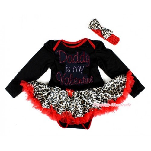 Valentine's Day Black Long Sleeve Baby Bodysuit Jumpsuit Leopard Red Pettiskirt With Sparkle Crystal Bling Rhinestone Daddy is my Valentine Print & Red Headband Leopard Satin Bow JS2887 