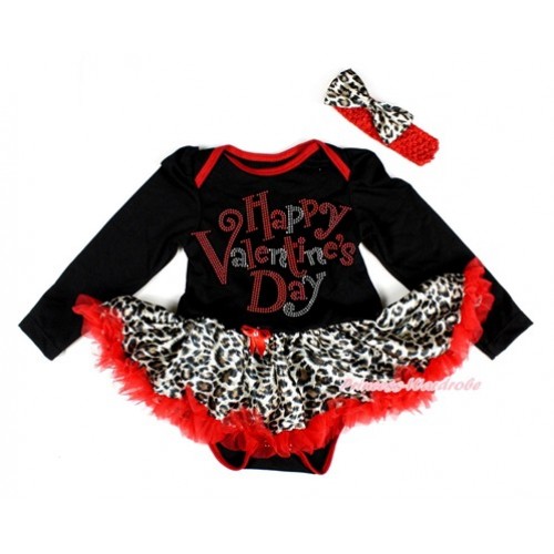 Valentine's Day Black Long Sleeve Baby Bodysuit Jumpsuit Leopard Red Pettiskirt With Sparkle Crystal Bling Rhinestone Happy Valentine's Day Print & Red Headband Leopard Satin Bow JS2888 