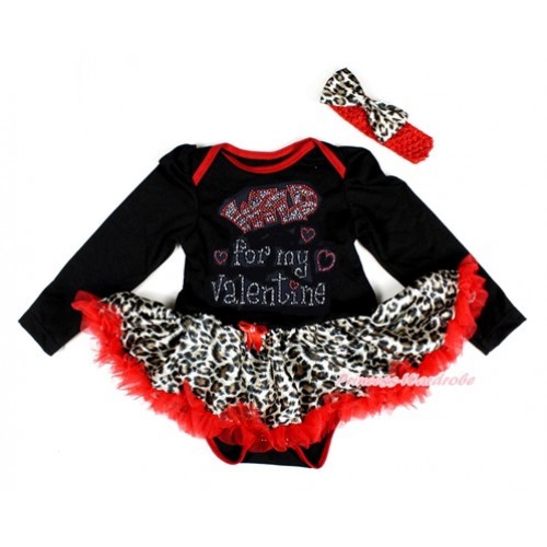 Valentine's Day Black Long Sleeve Baby Bodysuit Jumpsuit Leopard Red Pettiskirt With Sparkle Crystal Bling Rhinestone Wild for my Valentine Print & Red Headband Leopard Satin Bow JS2889 