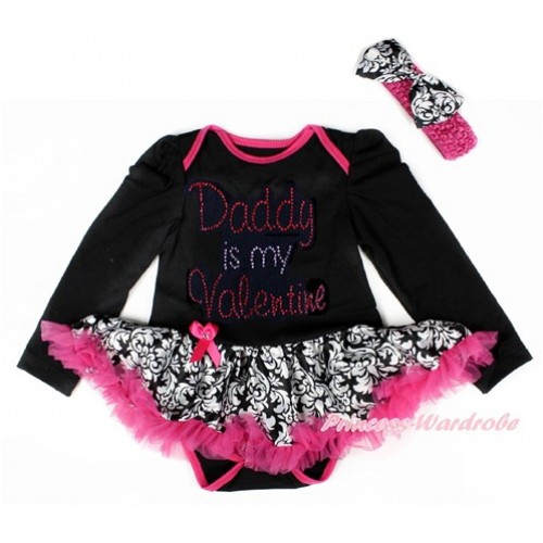 Valentine's Day Black Long Sleeve Baby Bodysuit Jumpsuit Damask Hot Pink Pettiskirt With Sparkle Crystal Bling Rhinestone Daddy is my Valentine Print & Hot Pink Headband Damask Satin Bow JS2890 