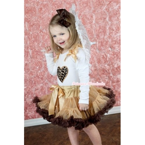 Light Dark Brown Pettiskirt with Leopard Heart Print White Long Sleeves Top with Goldenrod Ruffles and Goldenrod Bow MW128 
