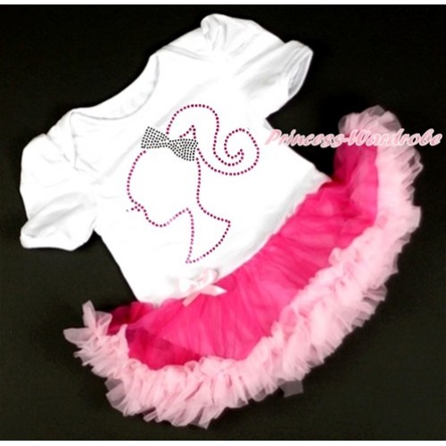 White Baby Bodysuit Jumpsuit Hot Light Pink Pettiskirt with Sparkle Crystal Bling Rhinestone Barbie Princess Print JS2899 