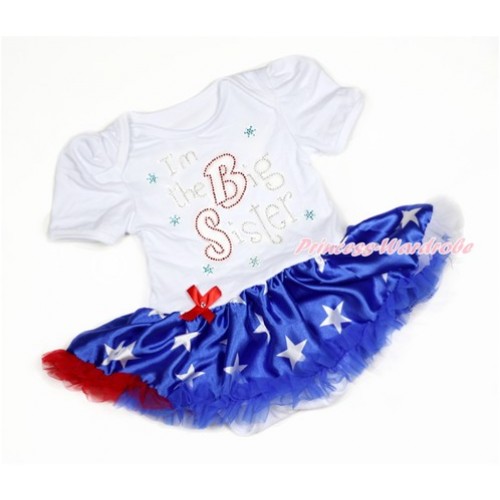 White Baby Bodysuit Jumpsuit Patriotic America Star Pettiskirt with Sparkle Crystal Bling Rhinestone I'm the Big Sister Print JS2911 