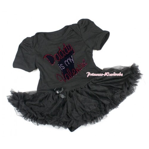 Valentine's Day Black Baby Bodysuit Jumpsuit Black Pettiskirt with Sparkle Crystal Bling Rhinestone Daddy is my Valentine Print JS2918 
