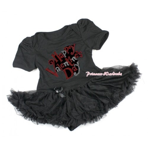 Valentine's Day Black Baby Bodysuit Jumpsuit Black Pettiskirt with Sparkle Crystal Bling Rhinestone Happy Valentine's Day Print JS2919 