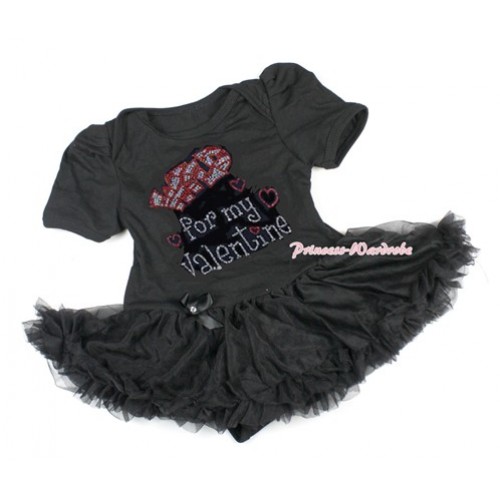 Valentine's Day Black Baby Bodysuit Jumpsuit Black Pettiskirt with Sparkle Crystal Bling Rhinestone Wild for my Valentine Print JS2920 