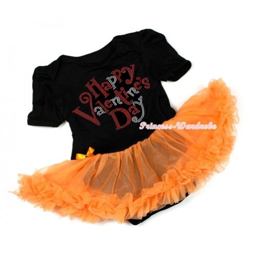 Valentine's Day Black Baby Bodysuit Jumpsuit Orange Pettiskirt with Sparkle Crystal Bling Rhinestone Happy Valentine's Day Print JS2931 