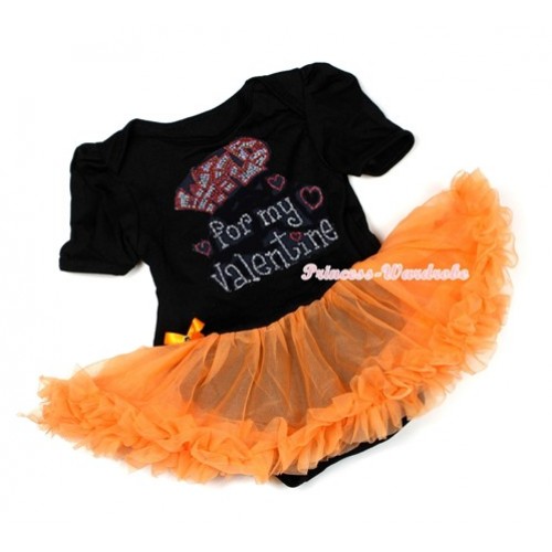 Valentine's Day Black Baby Bodysuit Jumpsuit Orange Pettiskirt with Sparkle Crystal Bling Rhinestone Wild for my Valentine Print JS2932 