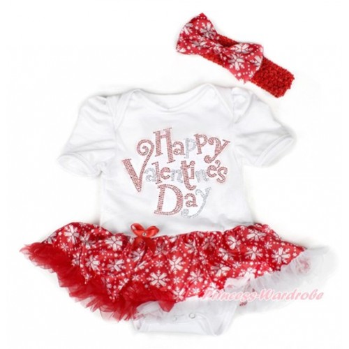 Valentine's Day White Baby Bodysuit Jumpsuit Red Snowflakes Pettiskirt With Sparkle Crystal Bling Rhinestone Happy Valentine's Day Print With Red Headband Red Snowflakes Satin Bow JS2934 