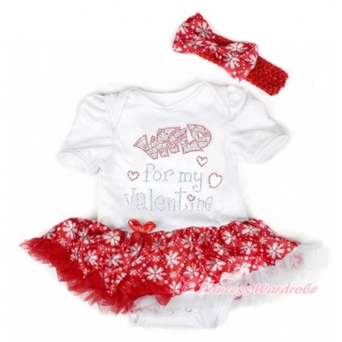 Valentine's Day White Baby Bodysuit Jumpsuit Red Snowflakes Pettiskirt With Sparkle Crystal Bling Rhinestone Wild for my Valentine Print With Red Headband Red Snowflakes Satin Bow JS2935 