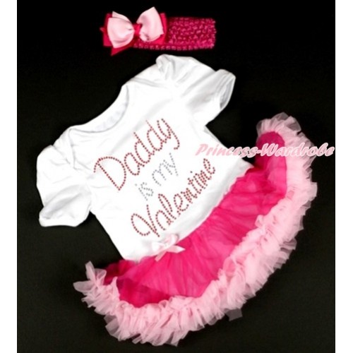 Valentine's Day White Baby Bodysuit Jumpsuit Hot Light Pink Pettiskirt With Sparkle Crystal Bling Rhinestone Daddy is my Valentine Print With Hot Pink Headband Light Hot Pink Ribbon Bow JS2936 