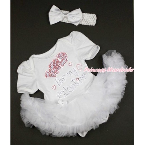 Valentine's Day White Baby Bodysuit Jumpsuit White Pettiskirt With Sparkle Crystal Bling Rhinestone Wild for my Valentine Print With White Headband White Satin Bow JS2942 