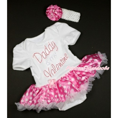 Valentine's Day White Baby Bodysuit Jumpsuit Hot Pink White Dots Pettiskirt With Sparkle Crystal Bling Rhinestone Daddy is my Valentine Print With White Headband Hot Pink White Dots Rose JS2943 