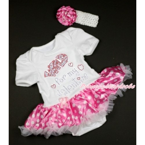 Valentine's Day White Baby Bodysuit Jumpsuit Hot Pink White Dots Pettiskirt With Sparkle Crystal Bling Rhinestone Wild for my Valentine Print With White Headband Hot Pink White Dots Rose JS2945 