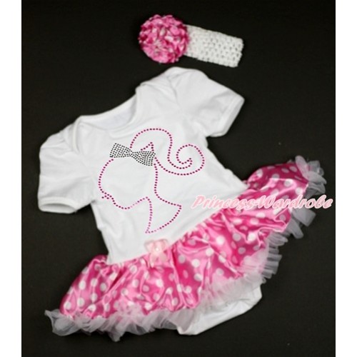 Valentine's Day White Baby Bodysuit Jumpsuit Hot Pink White Dots Pettiskirt With Sparkle Crystal Bling Rhinestone Barbie Princess Print With White Headband Hot Pink White Dots Rose JS2946 