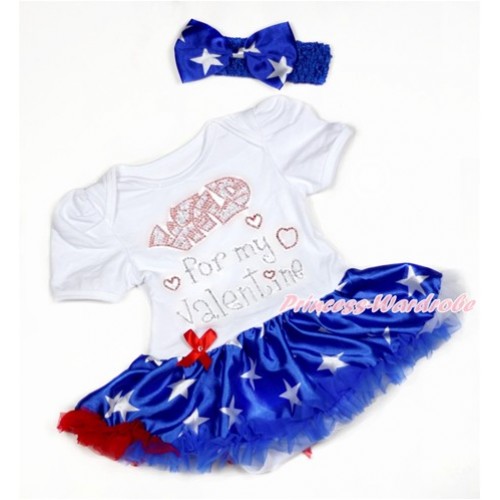 Valentine's Day White Baby Bodysuit Jumpsuit Patriotic America Star Pettiskirt With Sparkle Crystal Bling Rhinestone Wild for my Valentine Print With Royal Blue Headband Patriotic America Star Satin Bow JS2949 
