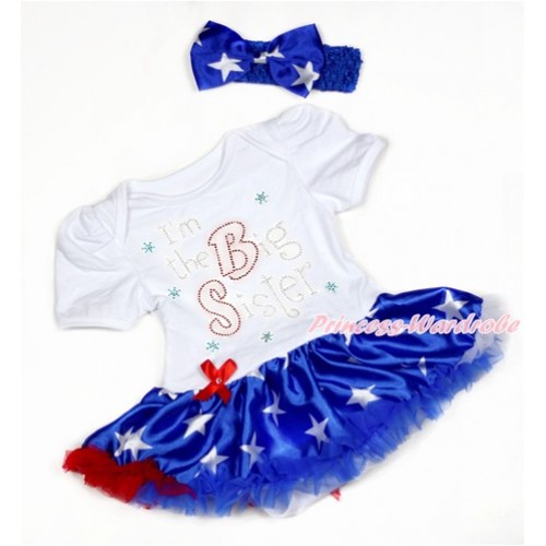 White Baby Bodysuit Jumpsuit Patriotic America Star Pettiskirt With Sparkle Crystal Bling Rhinestone I'm the Big Sister Print With Royal Blue Headband Patriotic America Star Satin Bow JS2951 