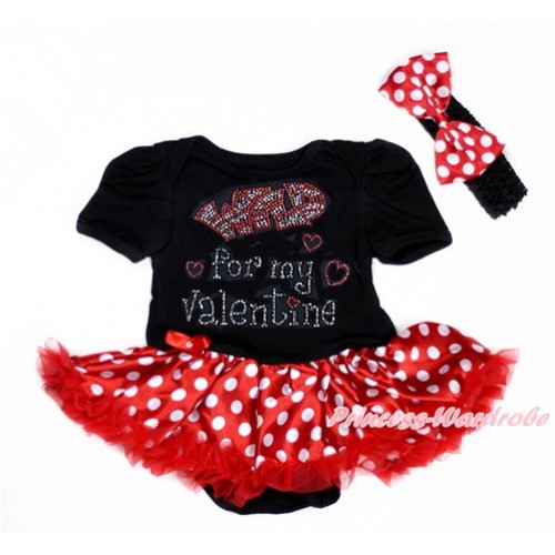Valentine's Day Black Baby Bodysuit Jumpsuit Minnie Dots Pettiskirt With Sparkle Crystal Bling Rhinestone Wild for my Valentine Print With Black Headband Minnie Dots Satin Bow JS2957 