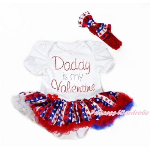 Valentine's Day White Baby Bodysuit Jumpsuit Red White Royal Blue Striped Stars Pettiskirt With Sparkle Crystal Bling Rhinestone Daddy is my Valentine Print With Red Headband Red White Royal Blue Striped Stars Satin Bow JS2961 