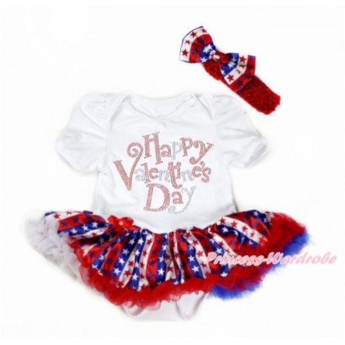 Valentine's Day White Baby Bodysuit Jumpsuit Red White Royal Blue Striped Stars Pettiskirt With Sparkle Crystal Bling Rhinestone Happy Valentine's Day Print With Red Headband Red White Royal Blue Striped Stars Satin Bow JS2962 